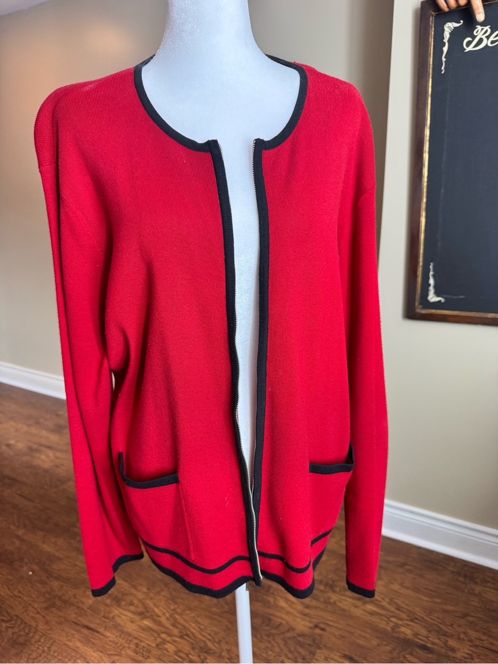 Vintage Emma James Liz Claiborne XL Red Black Zip Front Cardigan Jacket